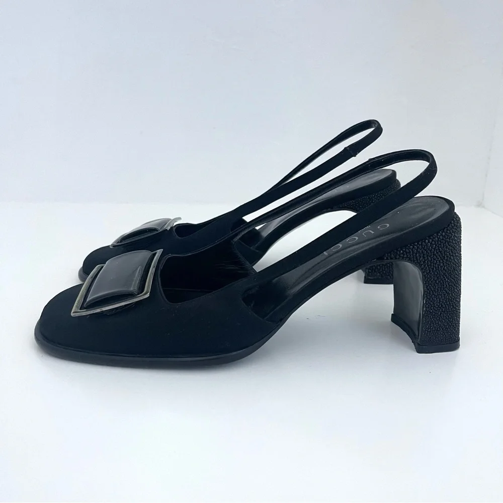 Vintage Gucci Square Buckle Round Toe Sparkly Block Mary Janes Slingbacks Heels - Picture 3 of 10